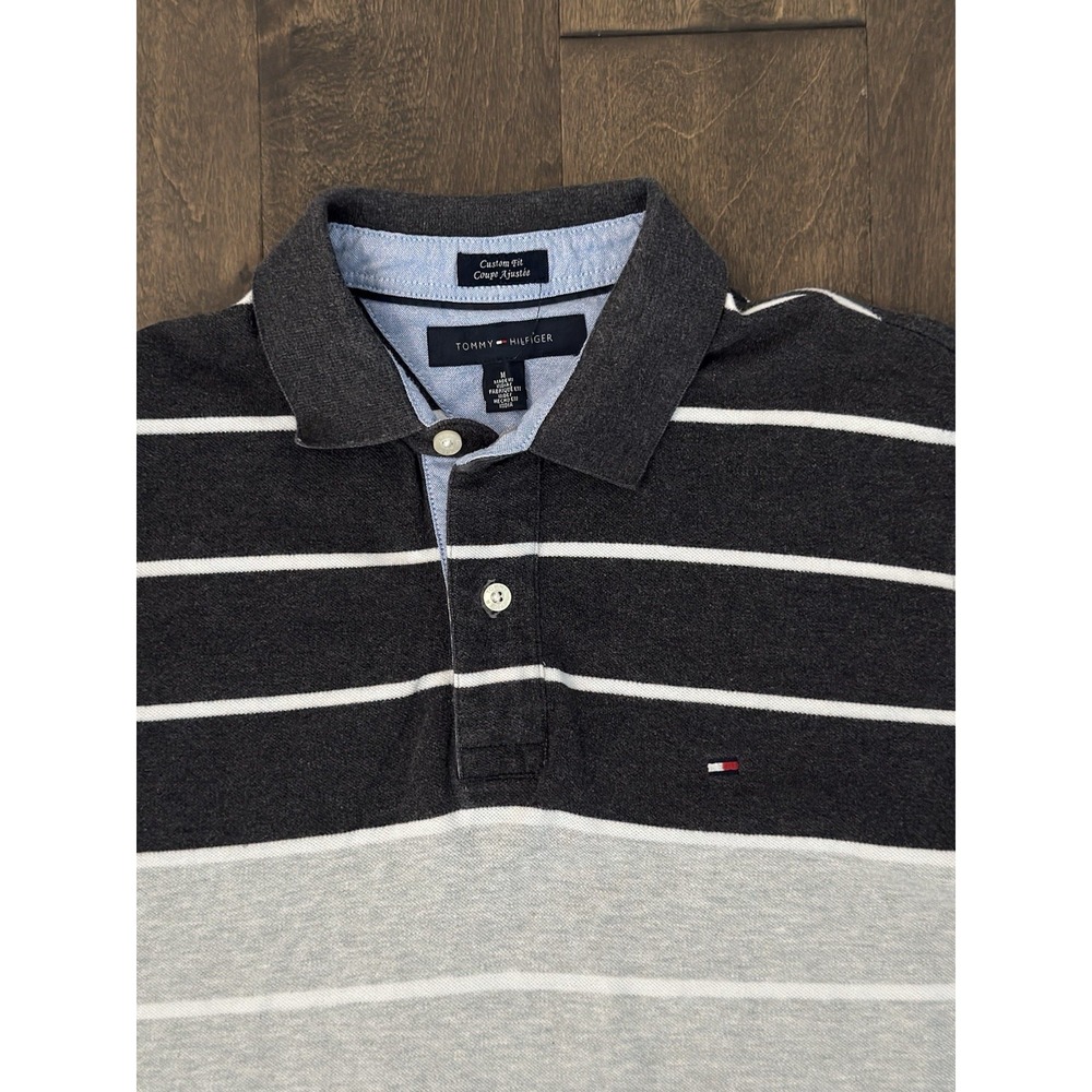 Tommy Hilfiger Mens Custom Fit Grey Striped Golf Polo Shirt Size M Crest Logo